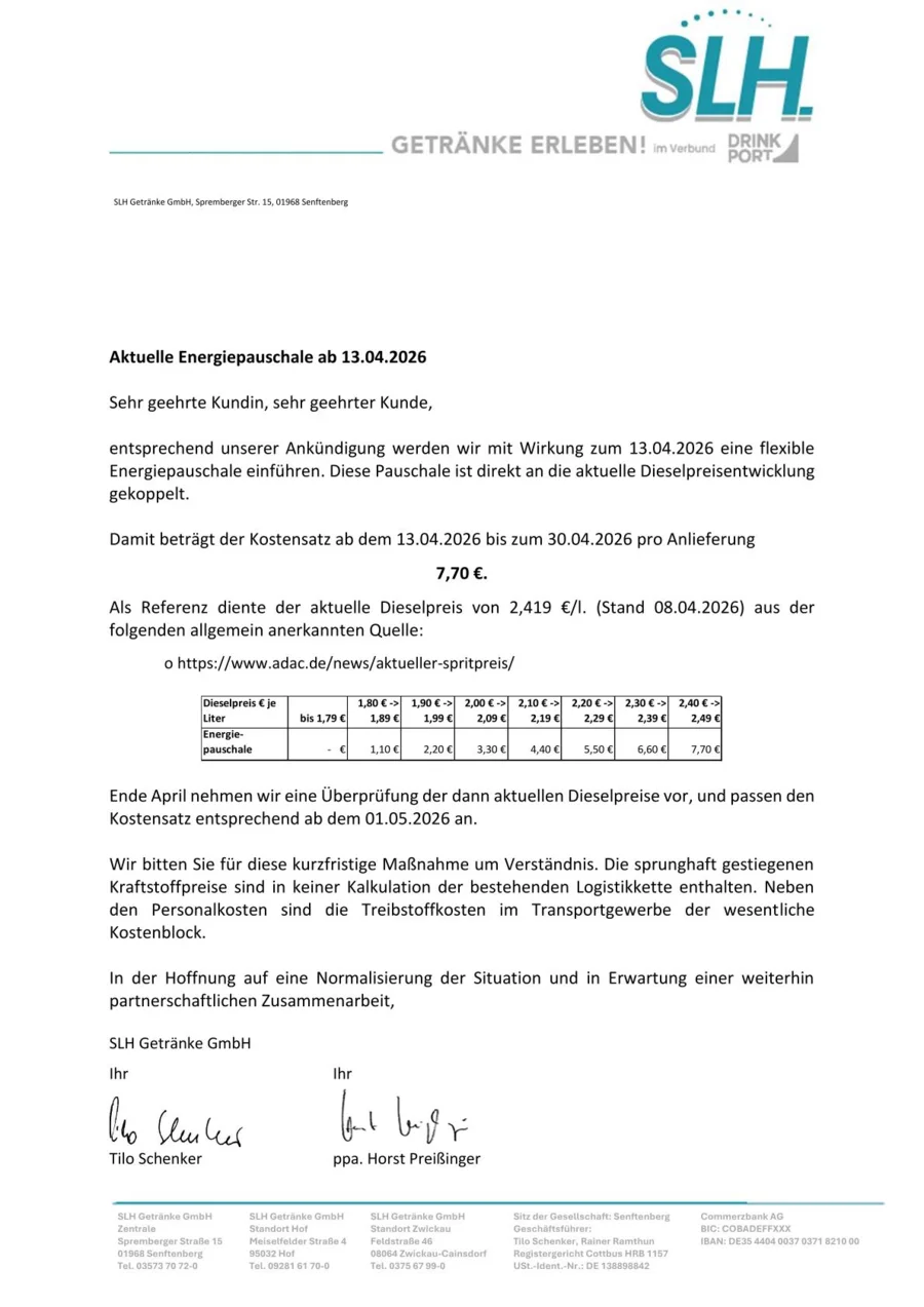 Anschreiben Energiepauschale| SLH Getränke