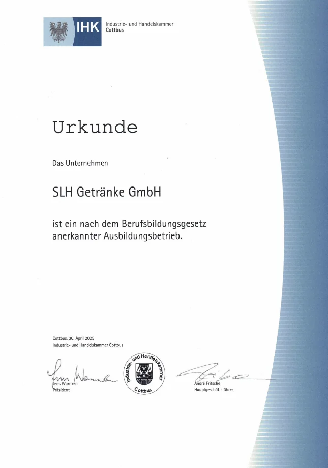 IHK Cottbus Ausbildungsurkunde | SLH Getränke